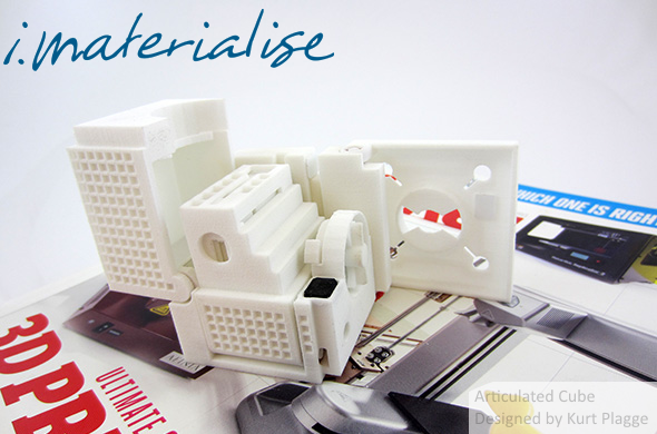 A jointed and hinjed puzzle cube design printed by i.materialise and designed by Kurt Plagge.