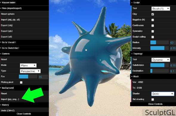 Upload your own background image into SculptGL via the "Background" menu. How do you like my spiky waterdrop?
