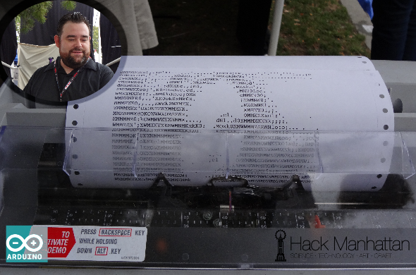 A photo of a 2D print from the Arduino Powered Hackerspace Manhattan 2D portrait-printing typewriter at Maker Faire New York 2014