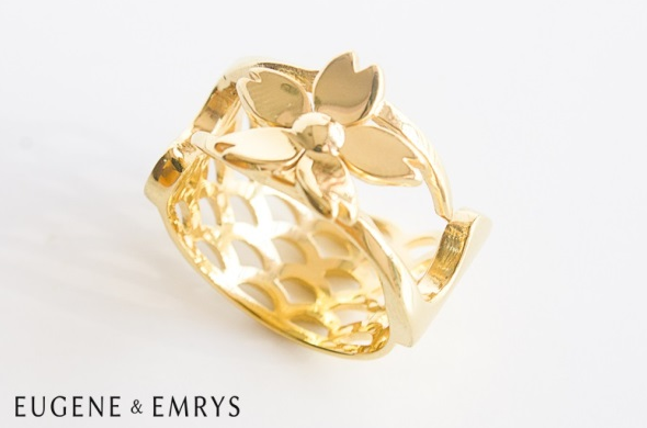 Brass is antibacterial, which is a useful quality to have in a ring. This ornate piece is Floating Sakura by Eugene & Emrys.