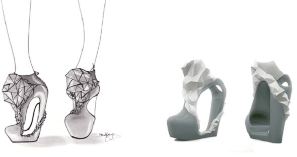 Successful cooperation: Shoe design by Katrien Herdewyn (left) and printable 3D model by Frederik Bussels (right)