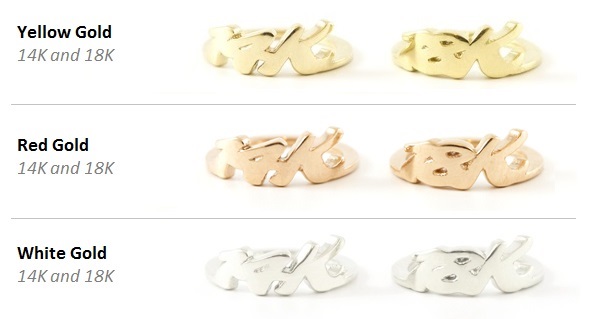 Our three gold color options: yellow gold, red gold, and our updated white gold.