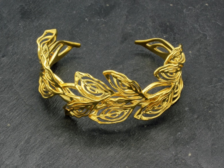 Gilt Laurel Cuff Bracelet, Desmond Chan, Art Nouveau Jewelry, Vulcan Jewelry, 3D printed