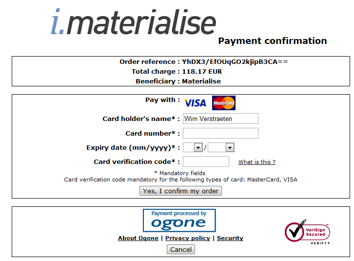 Payment page at Ogone for i.materialise