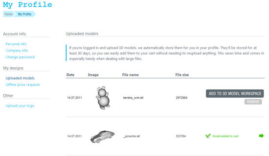 My Profile / uploaded models from the 3D Print Lab