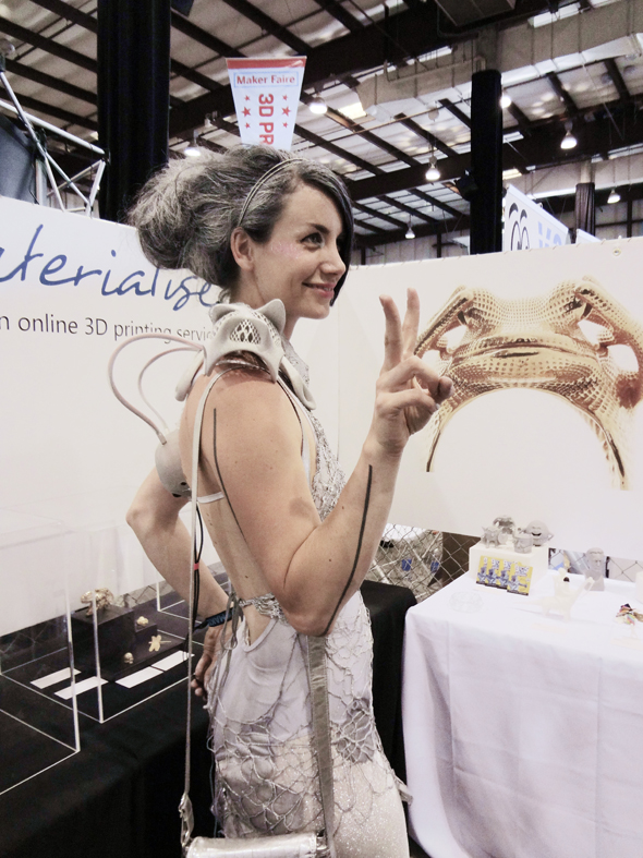 Anouk Wipprecht in her silver dress stopped by our booth at Maker Fair Bay Area