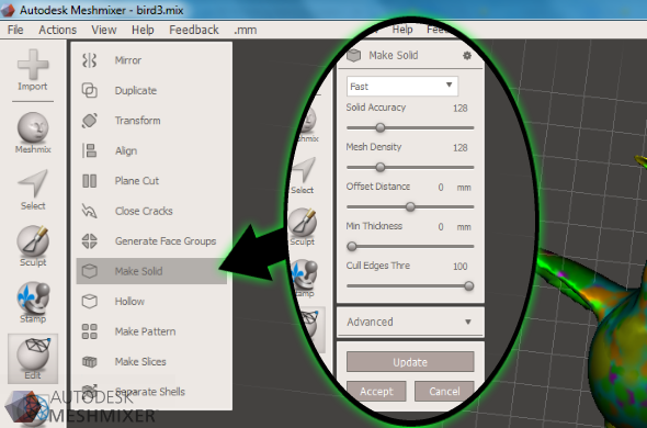 Screenshot showing how to make your design solid with Meshmixer. Go to Edit => Make Solid