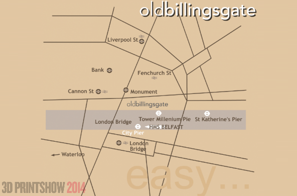 A photo of a map with directions to the 2014 London 3D Printshow Directions. 1, Old Billingsgate Walk, 16 Lower Thames St, London EC3R 6DX 020 7283 2800