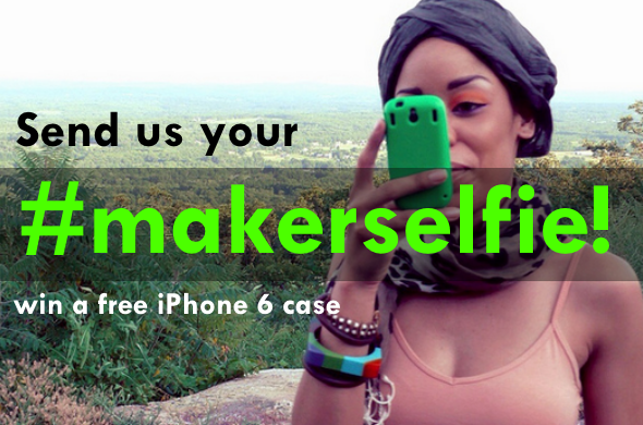 iPhone 6 Maker Selfie Campaign header image showing selfies at right and a hand holding our black polyamide bicycle cover at right