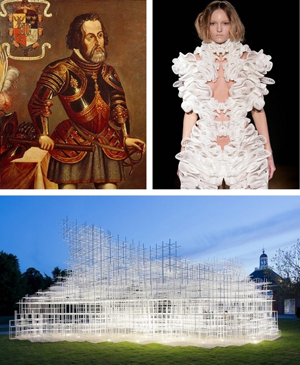 Top left: Hernán Cortés from Book of America, R. Cronau. Top right: Escapism Couture Collection, Iris van Herpen. Below: Serpentine Gallery Pavilion 2013, Sou Fujimoto, Photograph by Iwan Baan