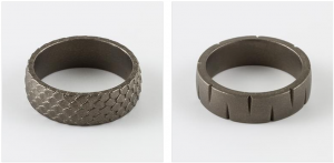 3D-printed titanium rings in a satin finish