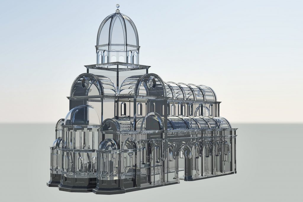 3D model of a renaissance style cathedral, 3D-printed in transparent resin 