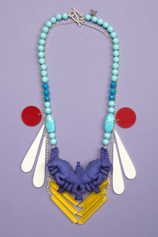 Necklace Janus by Denise J. Reytan. Mixing 3D-printed parts in polyamide (SLS) and glass beads