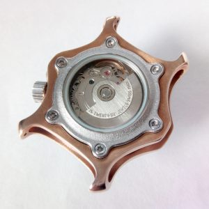 View of the back of the Bronze and Stainless Steel watch without a band 