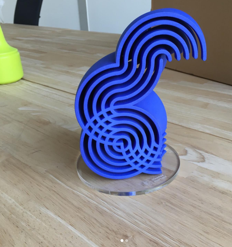 A purple 3D-printed trophy designed by Koenraad Van Daele