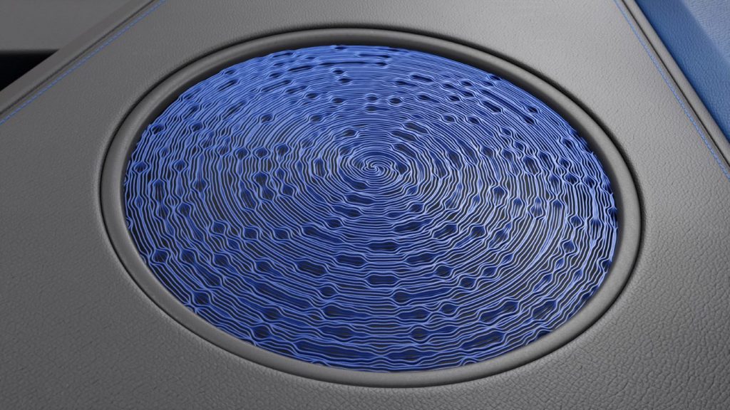 3D-printed car speaker design with a blue, wavy pattern